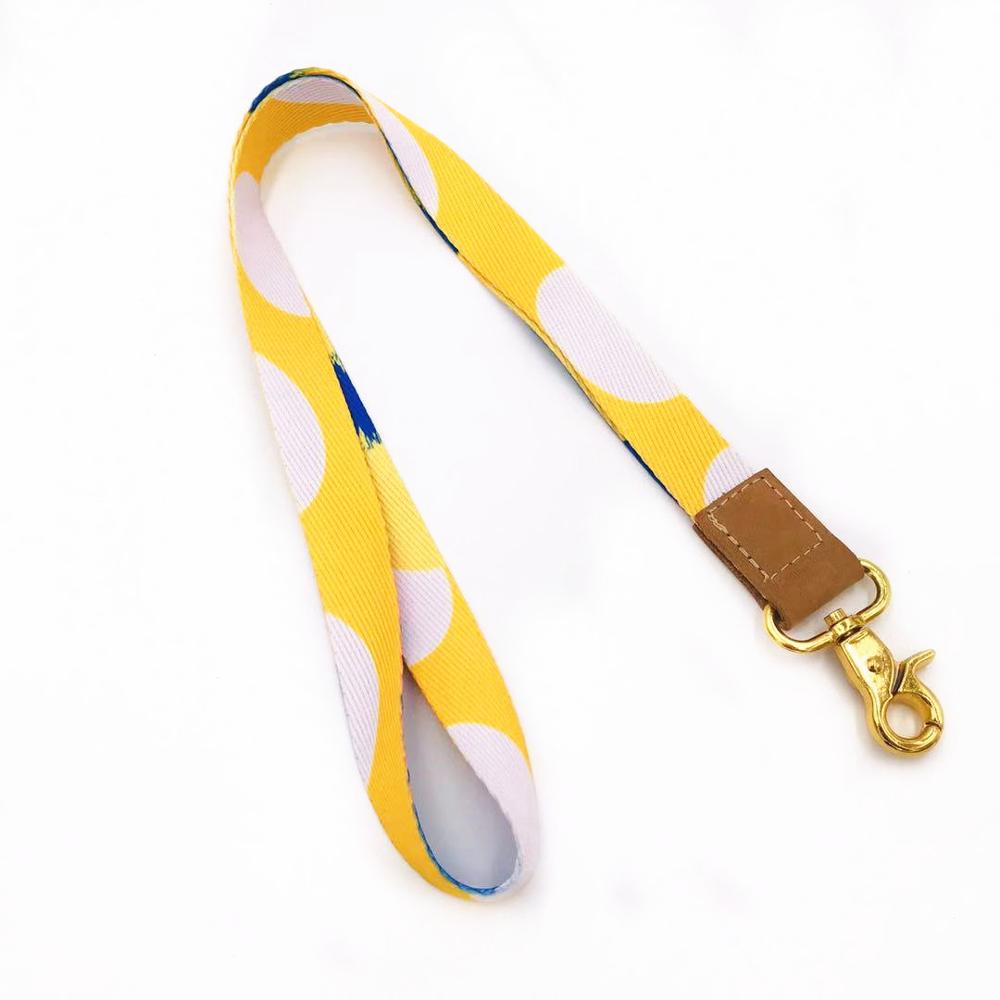 Yellow full printing keychain genuine leather polyester lanyard