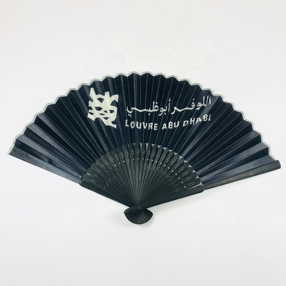 2018 New Personalized Black Rib Bamboo Hand Held Fan with Custom Logo